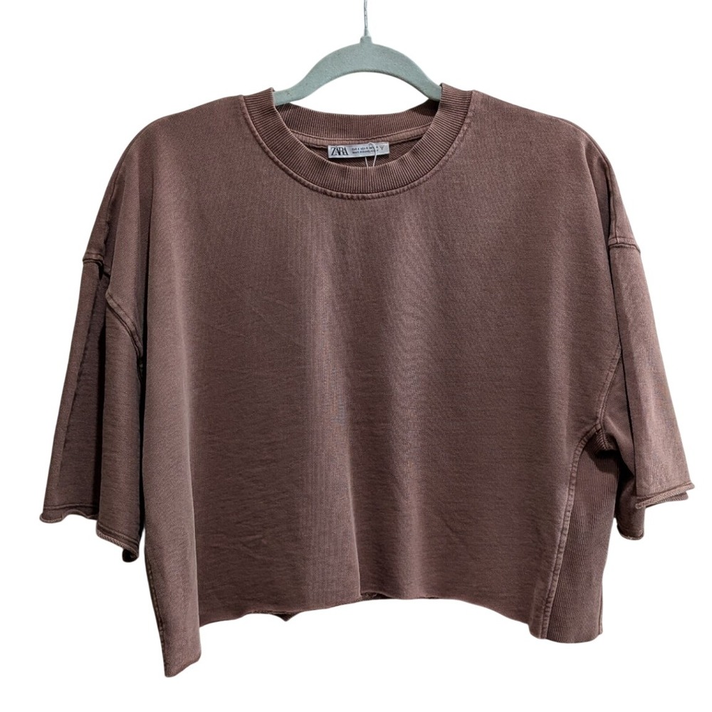 Zara Womens S Cropped Sweatshirt Dusty Mauve Raw Hem Boxy Short Sleeve Cotton